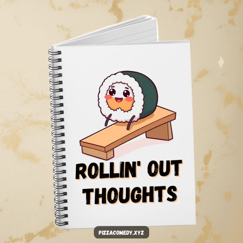 Funny notebook with a smiling sushi roll on stick legs sliding down a ramp, perfect for notes.
