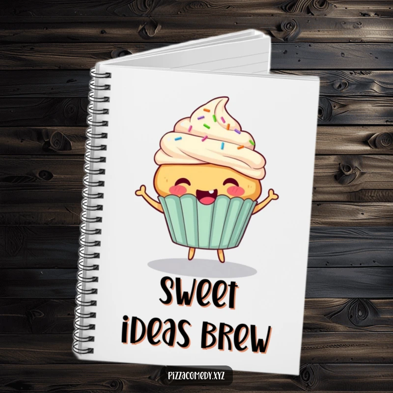 Funny Cupcake Notebook: A cheerful cupcake with sprinkle hair bouncing energetically, perfect for joyful note-taking.