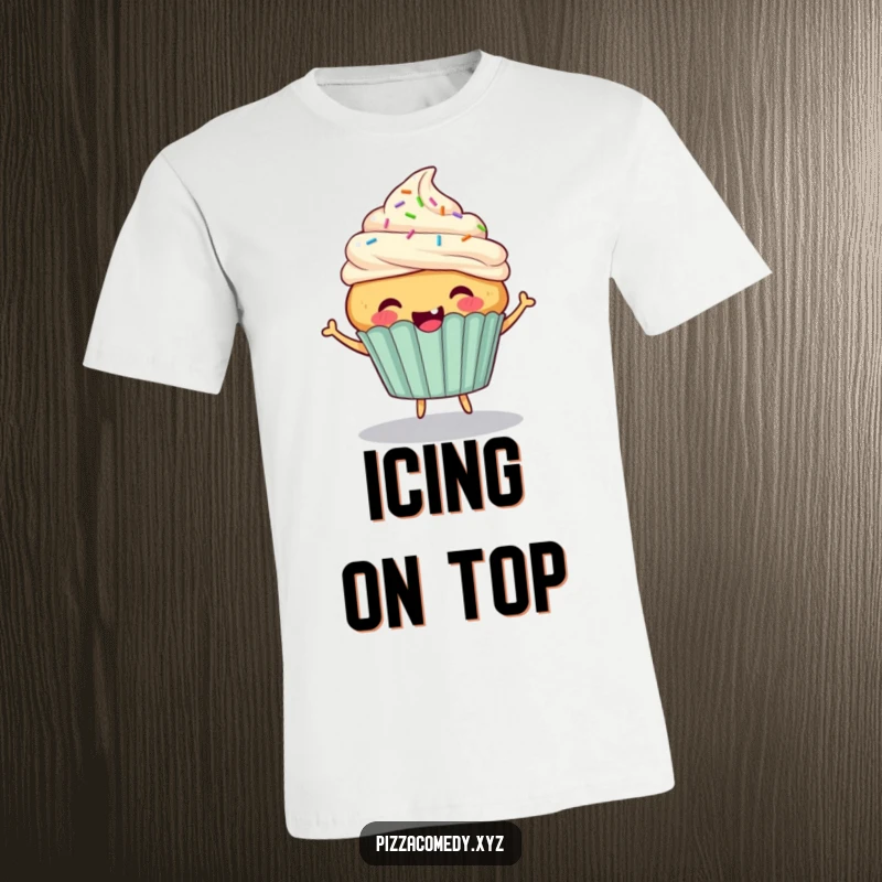 Funny Cupcake T-Shirt: A cheerful cupcake with sprinkles for hair energetically bouncing on its base.