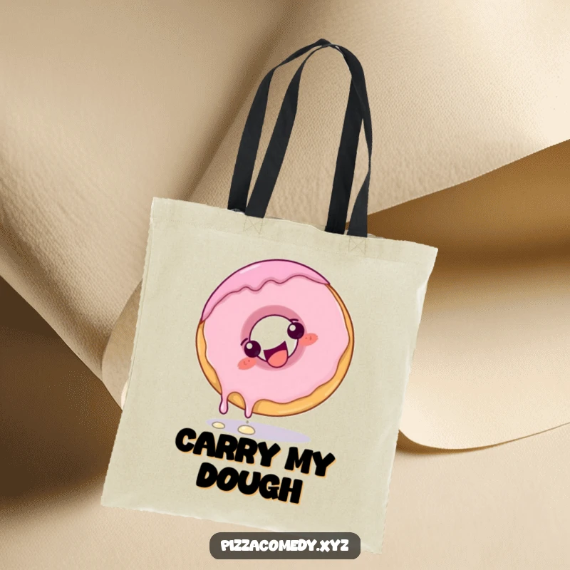 Funny Donut Tote Bag: A giggling donut with frosting dripping slightly doing a playful somersault, for stylish carrying.