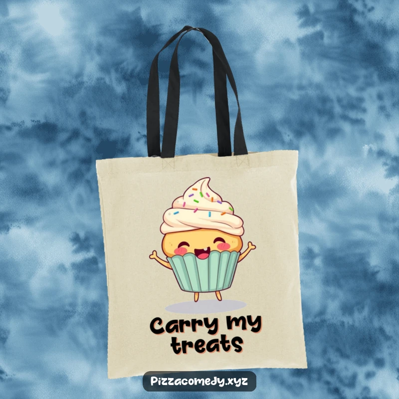 Funny Cupcake Tote Bag: A cheerful cupcake with sprinkle hair bouncing energetically, perfect for stylish carrying.
