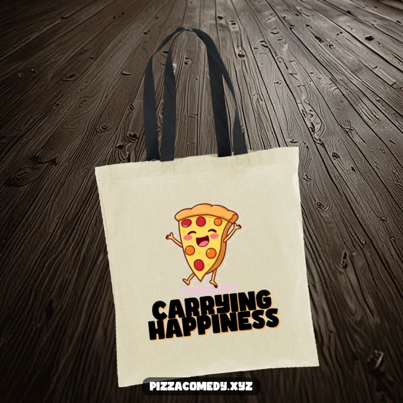 Funny Pizza Tote Bag: A cheerful pizza slice with legs cartwheeling, a fun and practical funny gift.