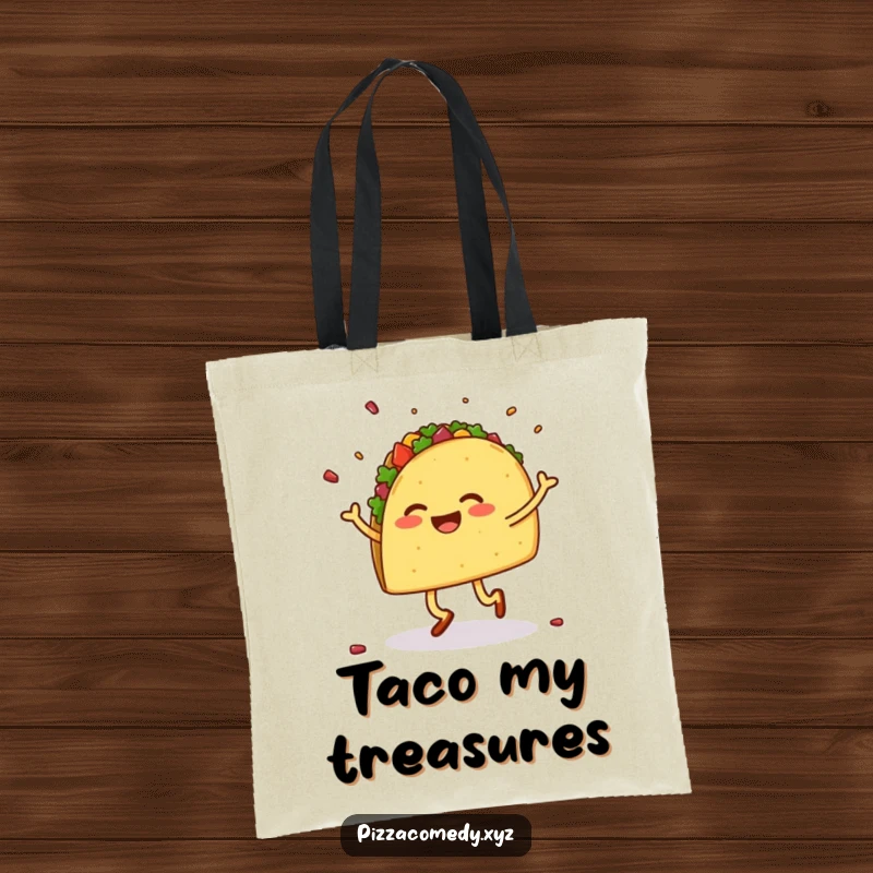Funny canvas tote bag with a cheerful taco on legs doing a lively jig, scattering colorful toppings.
