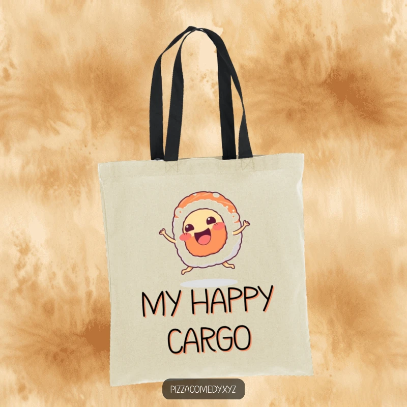 Funny Sushi Tote Bag: A piece of sushi dances happily, wiggling its body with a joyful smile, a fun accessory.
