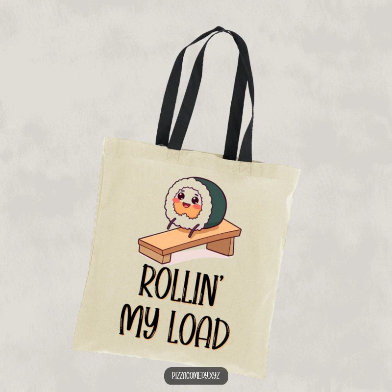 Funny canvas tote bag with a smiling sushi roll on stick legs sliding down a ramp, carrying fun.